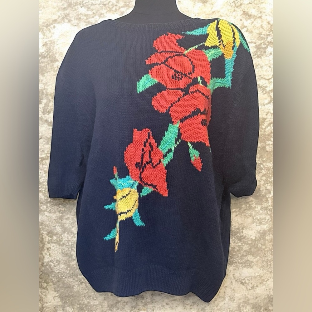 Vintage Black Crewneck Sweater with Red & Yellow Floral Intarsia